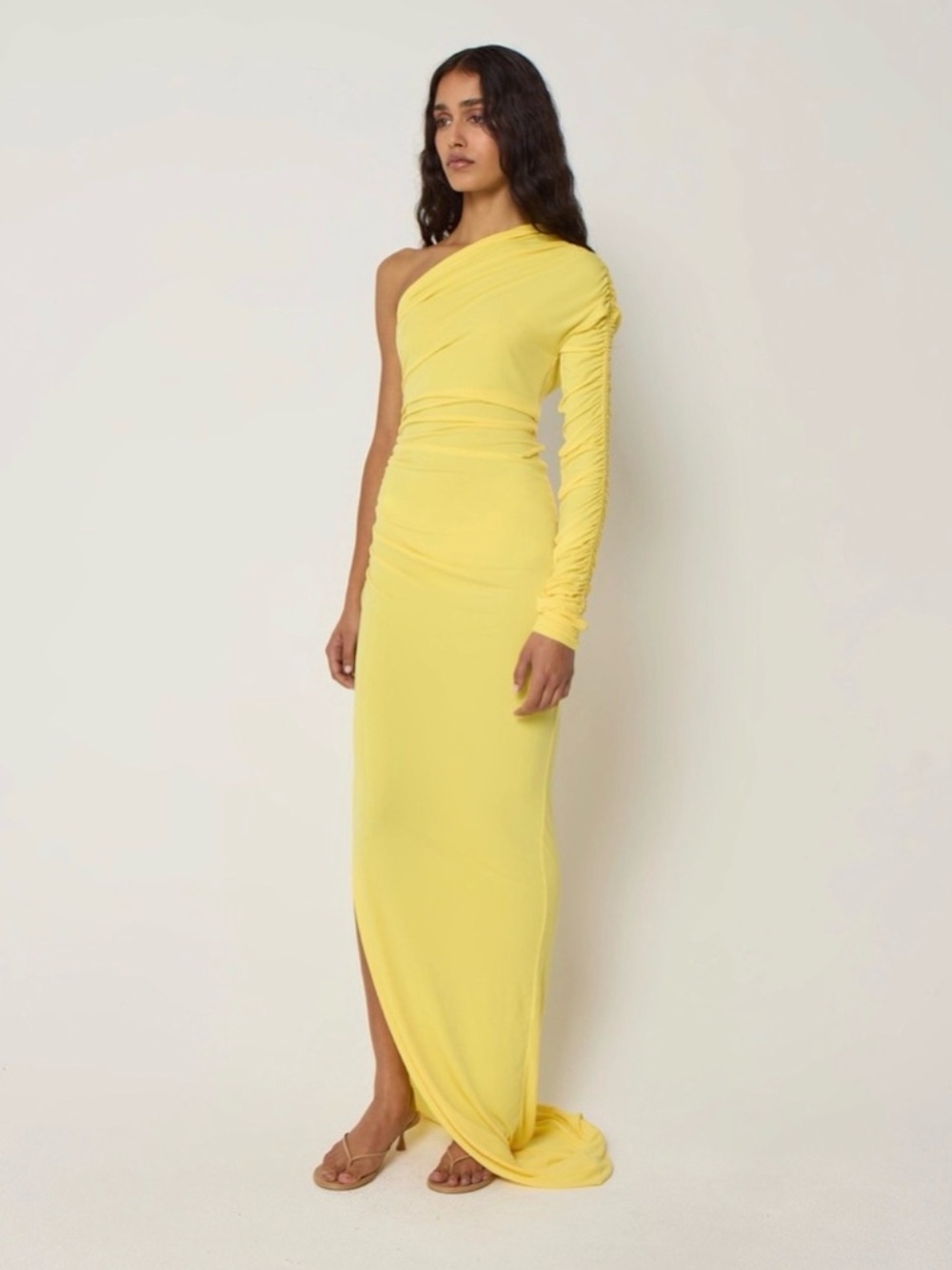 Khy x Atlein One-Shoulder Yellow Ruched Long-Sleeve Evening Gown - Picture 3 of 4